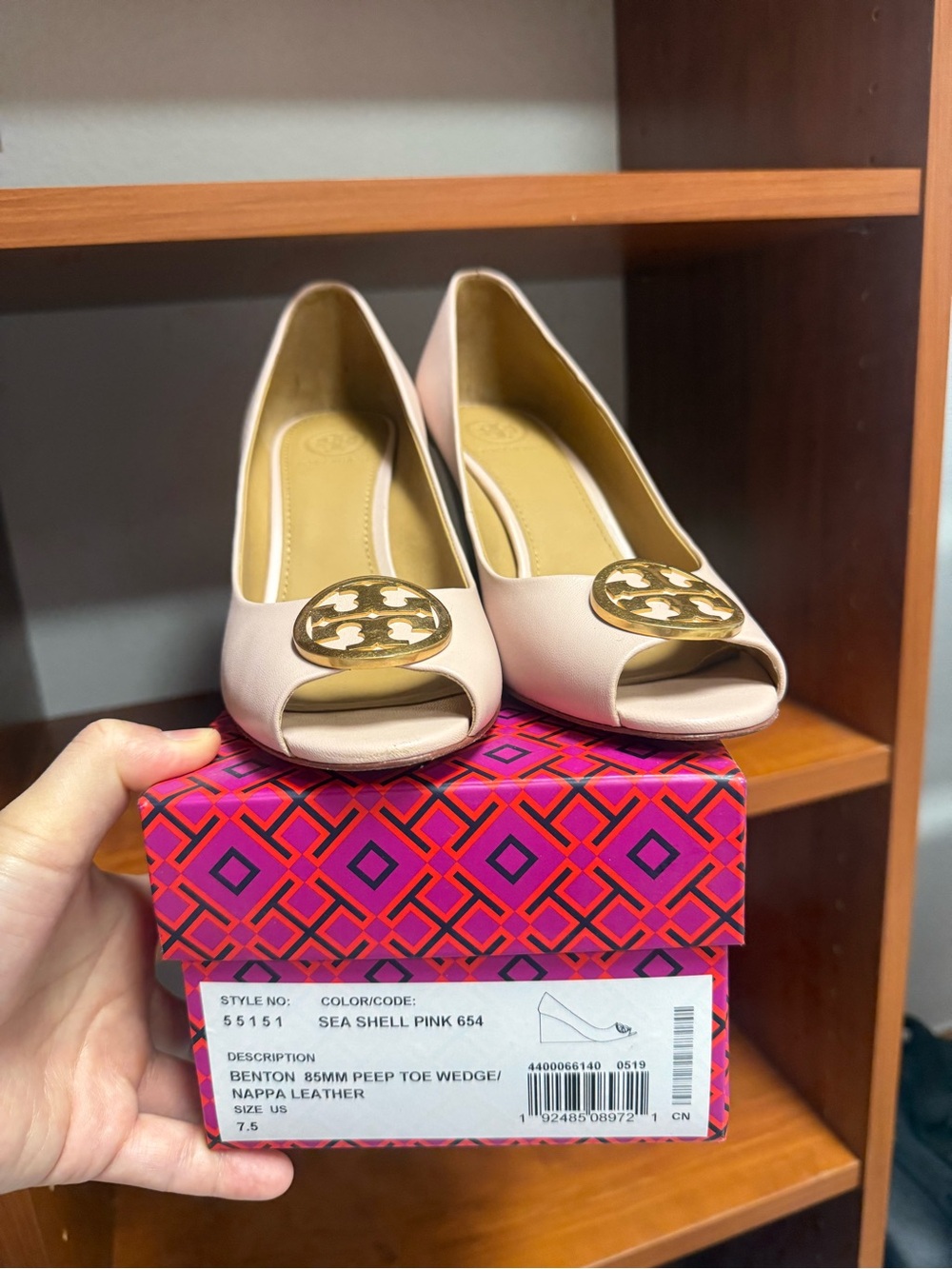 Tory Burch Sea Shell Pink Peep-Toe Wedge with Gold Logo